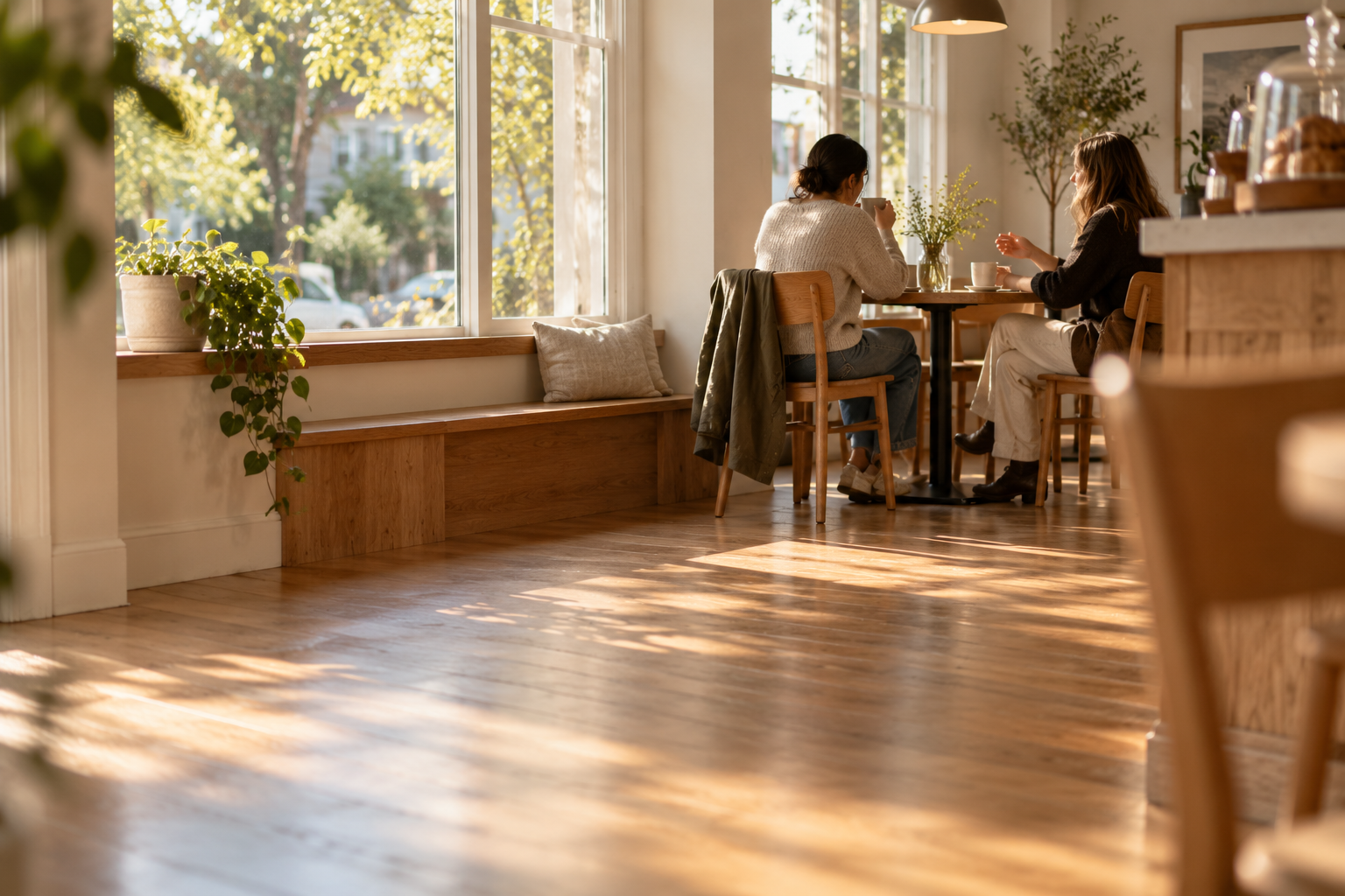 Two people talking across a small table in a bright neighbourhood coffee shop